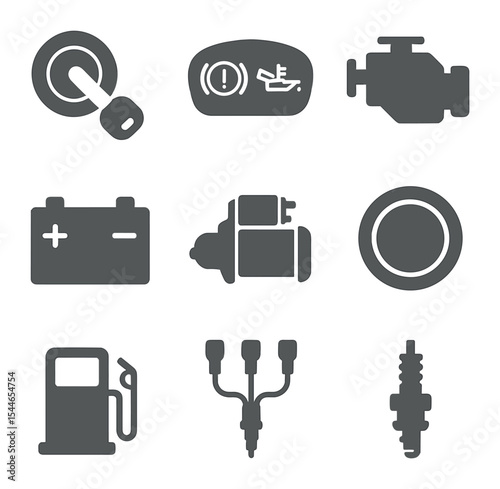 Vehicle Startup Icons. Flat icon set of vehicle startup icons: ignition switch, dashboard lights, engine icon,