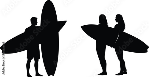 Silhouettes of male and female surfers with surfboards, beach lifestyle, ocean sports, summer activity, surfing people illustration, outdoor water adventure, tropical recreation