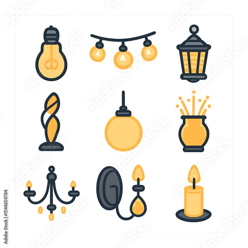 Decorative Lighting Icons. Flat icon set of decorative lighting elements: Edison bulb, string lights, lantern