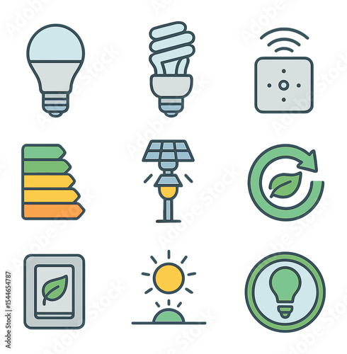 Energy-Efficient Lighting Icons. Flat icon set of energy-efficient lighting: LED bulb, CFL bulb, light sensor,