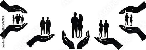 Silhouettes of hands holding people, family support, protection concept, safety care, community care, life insurance idea, social security, human protection illustration, teamwork unity