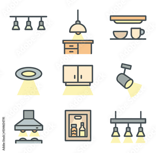 Kitchen Lighting Icons. Flat icon set of kitchen lighting concepts: track lighting, pendant over island, under