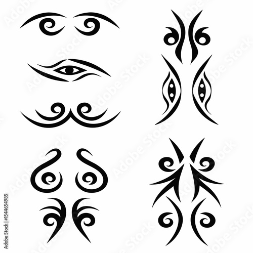 Design a set of tribal spiritual tattoo icons featuring a third eye motif, incorporating geometric patterns and symbolic elements.  Include variations in style and complexity.