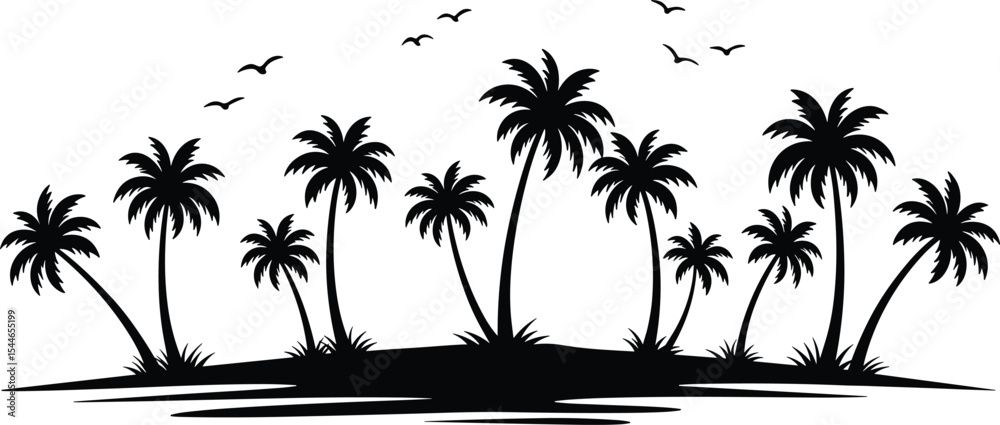 Fototapeta premium Tropical island silhouette with palm trees, ocean shore view, exotic landscape, birds flying, nature scene, summer beach paradise, black and white illustration, vacation vibe