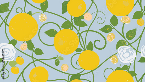 Floral pattern with yellow citrus fruits white roses and green vines on a light blue background design