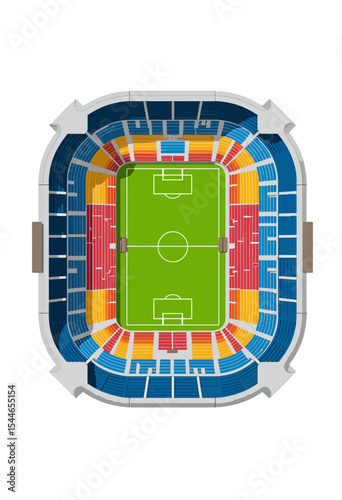 Aerial view of colorful soccer stadium with green field  
