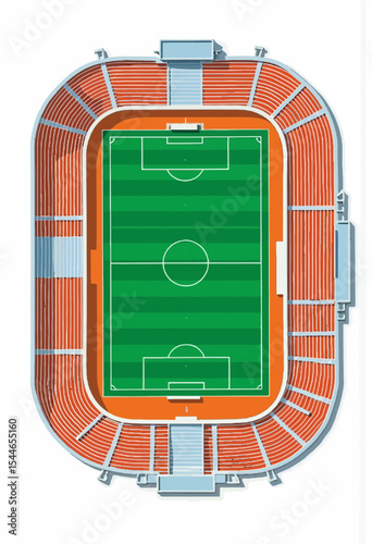 Aerial view of a soccer stadium field with orange seating area  