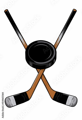 Hockey sticks crossed with a puck in the center on white background  