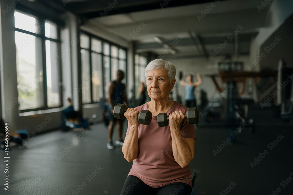 Fototapeta premium Senior woman training with dumbbells in gym
