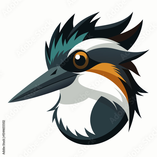 Stylized head of a pied kingfisher bird