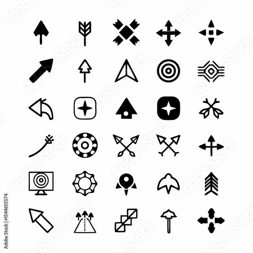 Design a set of traditional bow and arrow icons, showcasing various styles and perspectives.  Include both simple and detailed options.