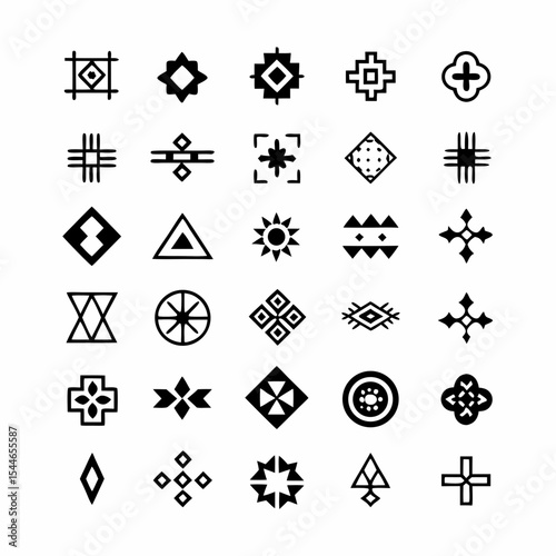 Create a collection of vector icons depicting traditional tribal tattoo symbols, emphasizing diverse cultural origins and stylistic variations.  Include both geometric and figurative designs.