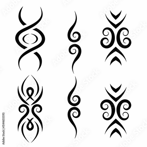 Design a set of traditional tribal tattoo symbols, showcasing diverse styles and cultural influences.  Include detailed linework and symbolic meaning.