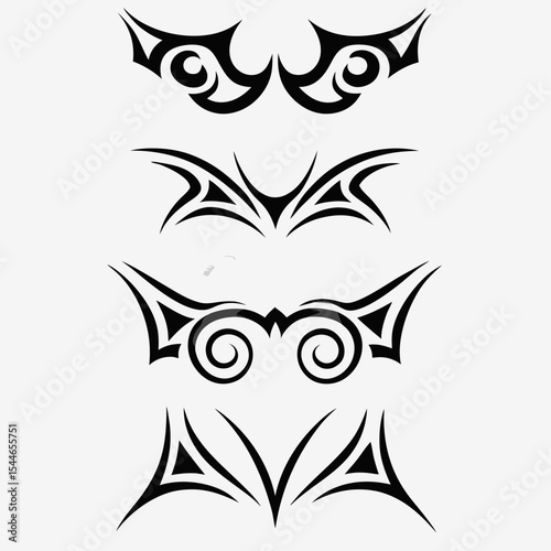 Design two distinct icons a stylized tribal batwing and a demonic horn, both suitable for digital use.  Emphasize bold lines and sharp angles.