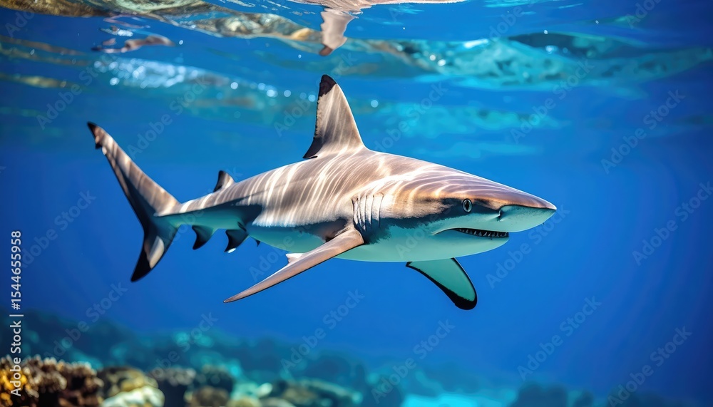 Fototapeta premium Grey Reef Shark: Underwater Elegance in Vibrant Blues