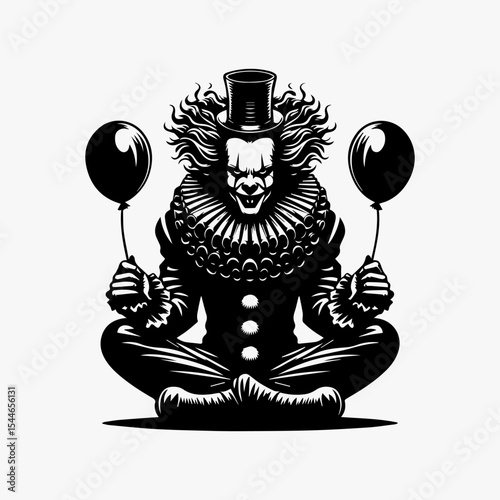 A sinister clown in a seated pose, holding black balloons, radiating a creepy atmosphere.