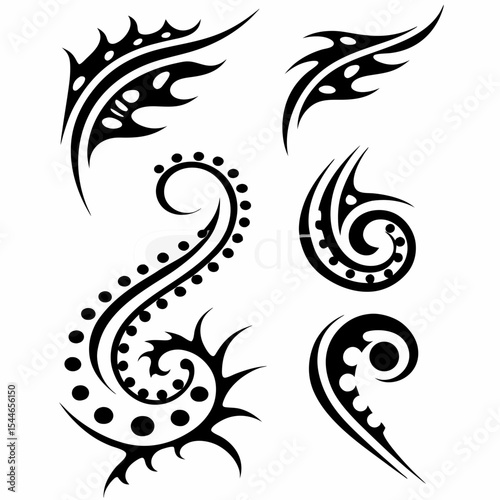 Design a striking illustration combining tribal art motifs with imagery of a kraken and other sea monsters.  Include symbolic elements representing ocean power and mythology.