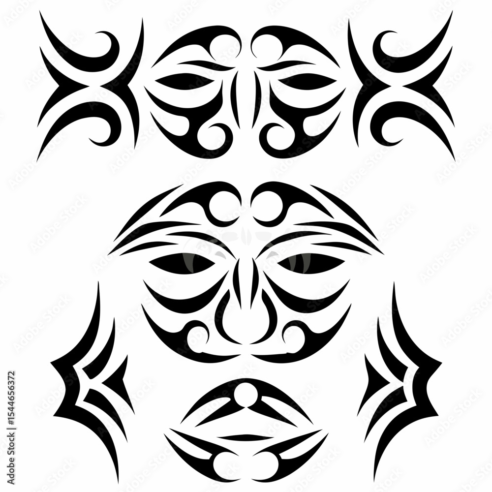 Fototapeta premium Design a set of vibrant icons depicting tribal masks and fierce war face tattoos, showcasing diverse cultural styles.