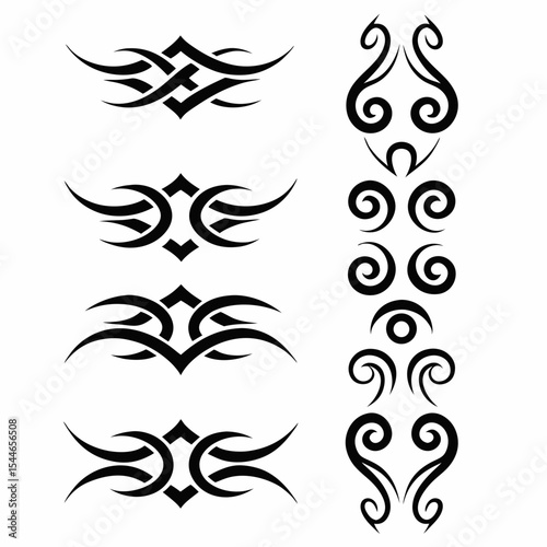 Design a set of tribal shield tattoo symbols, incorporating diverse patterns and styles for a versatile collection.  Include variations in size and complexity.