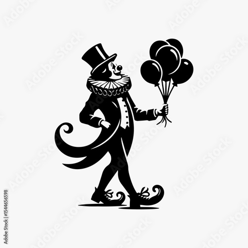 A whimsical black and white illustration of a dapper clown, holding a bunch of balloons, striding confidently.