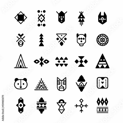 Design a set of vibrant, stylized icons depicting tribal totems and corresponding spirit animals.  Include diverse animal representations and totemic imagery.