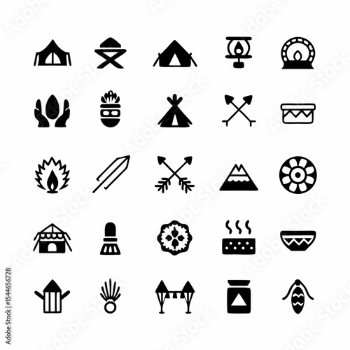 Design a set of vibrant icons depicting daily life in a tribal village, including housing, tools, rituals, and people.  Focus on authentic representation.
