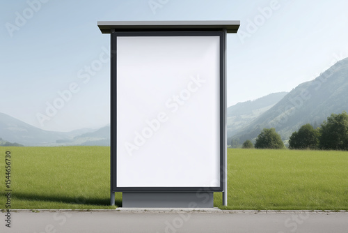 Blank advertising billboard mock up situated in a green field with mountains in the background, providing ample copy space for promotional content and creative designs photo