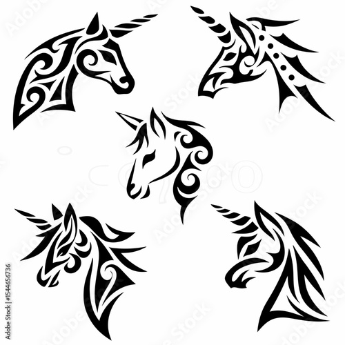 Design tribal-style unicorn icons; incorporate geometric patterns, bold lines, and vibrant colors.  Include variations showcasing different poses and expressions.