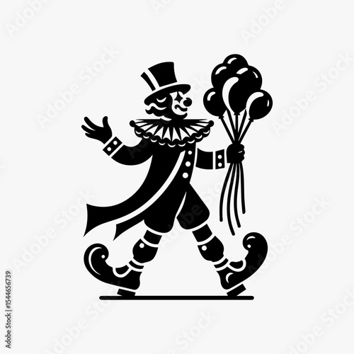 A jovial, walking clown in classic attire, holding a bunch of balloons.