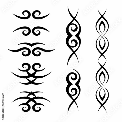 Design a powerful tribal tattoo incorporating warrior symbols representing strength and resilience.  Include intricate detailing and bold lines.