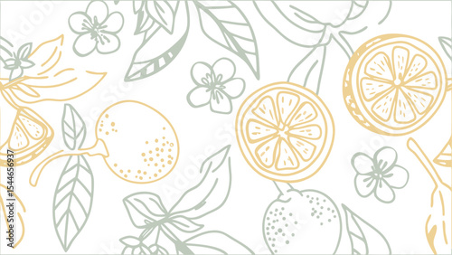 Hand drawn citrus fruit pattern with flowers and leaves in a soft pastel color palette design element