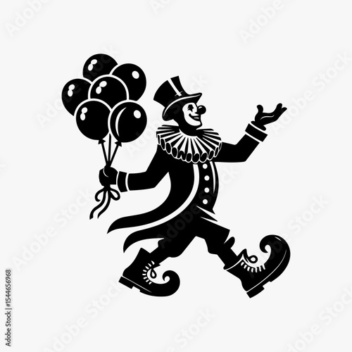 A cheerful clown in a top hat, holding balloons, walking with a smile.