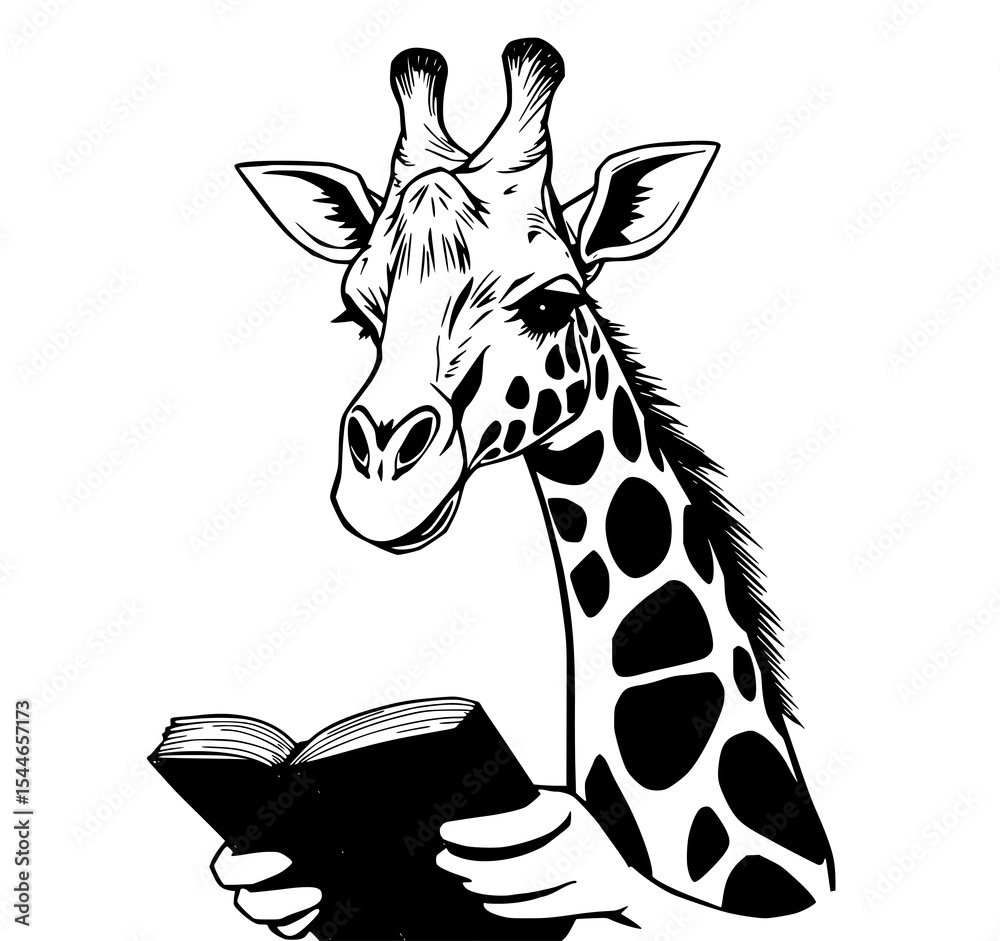 Naklejka premium Giraffe Reading a Book: A stylish monochrome line art illustration of a giraffe engrossed in reading a book, showcasing its elegant neck and detailed spots.