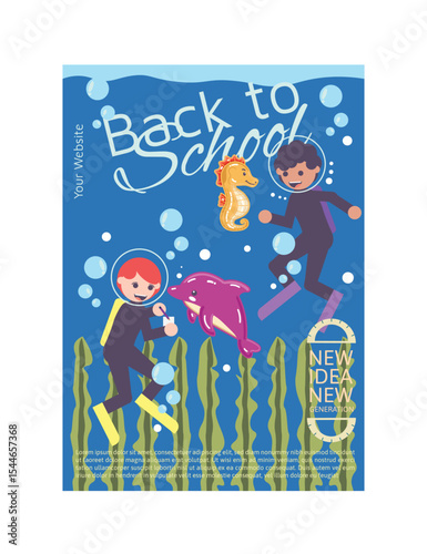 Flat Vector Illustration of an Underwater School with Kids Learning Among Sea Creatures
