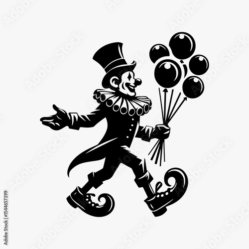 A clown in a top hat and ruffled collar walks while holding a bunch of balloons.