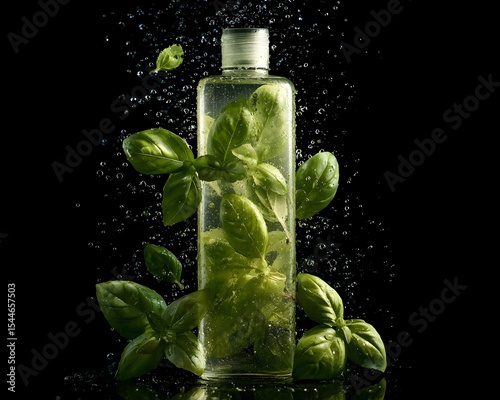 Transparent bottle filled with fresh basil leaves, surrounded by water droplets against a black background photo