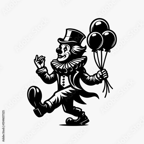A clown in a top hat walks while holding balloons, depicted in a monochrome vector illustration.