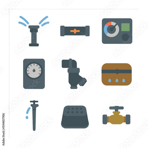 Irrigation System Icons. Flat icon set of efficient landscape irrigation: rotating sprinkler, emitter tube,