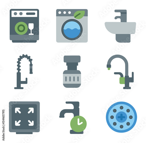 Sustainable Home Appliance Icons. Flat icon set of sustainable kitchen and laundry fixtures: water-efficient