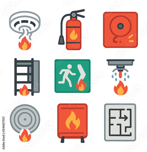 Fire Safety Icons. Flat icon set of fire safety at home: smoke detector, fire extinguisher, fire alarm, escape