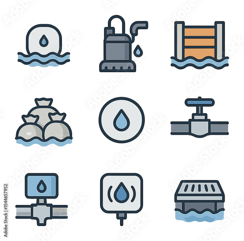 Flood Protection Icons. Flat icon set of flood and leak protection: water sensor, sump pump, flood barrier,