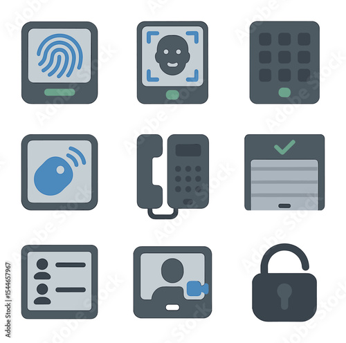 Secure Home Icon Set. Flat icon set of secure home entry systems: fingerprint scanner, face unlock panel,