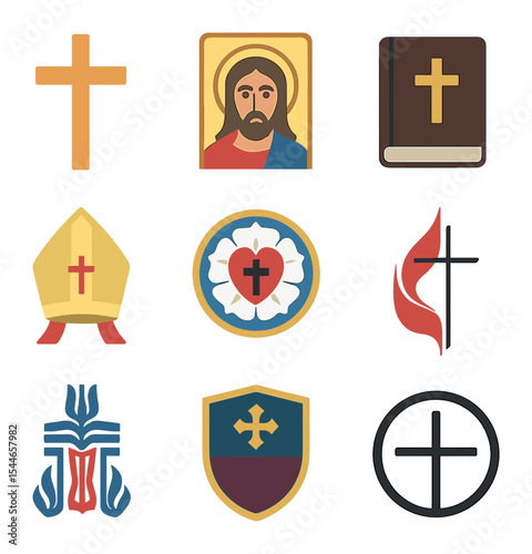 Christian Denomination Icons. Flat icon set of Christian denominations: Catholic cross, Orthodox icon,