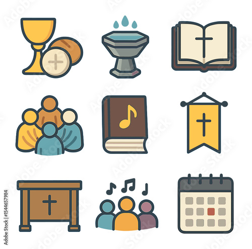 Shared Worship Icons. Flat icon set of shared worship practices: Eucharist elements, baptismal font, open