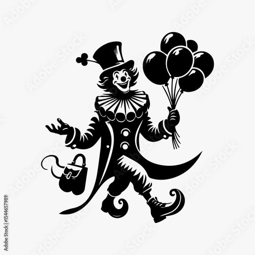A jovial, black-and-white illustration of a walking clown, holding balloons and a small bag.