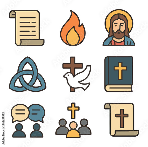 Theological Unity Icons. Flat icon set of theological foundations of unity: Nicene Creed scroll, Holy Spirit
