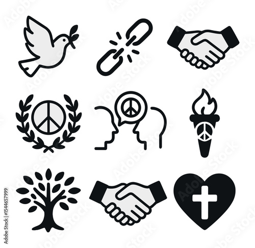 Peace and Reconciliation Icons. Flat icon set of peace and reconciliation themes: peace dove, broken chain,