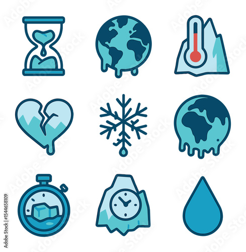 Melting Ice Icons. Flat icon set of melting ice visual metaphors: hourglass with melting ice, Earth dripping,