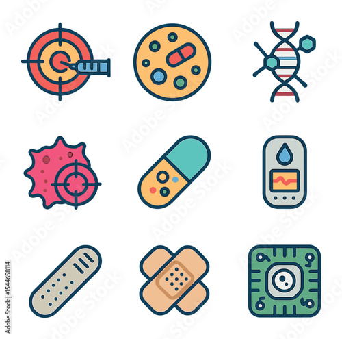 Biomedical Nanotech Icons. Flat icon set of biomedical nanotech: targeted drug delivery, nanocarrier, DNA