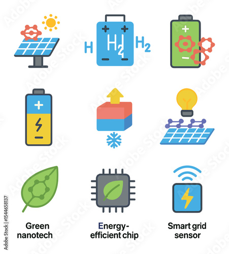 Nanotech Energy Icons. Flat icon set of energy and nanotech: nano solar cell, hydrogen fuel cell, battery